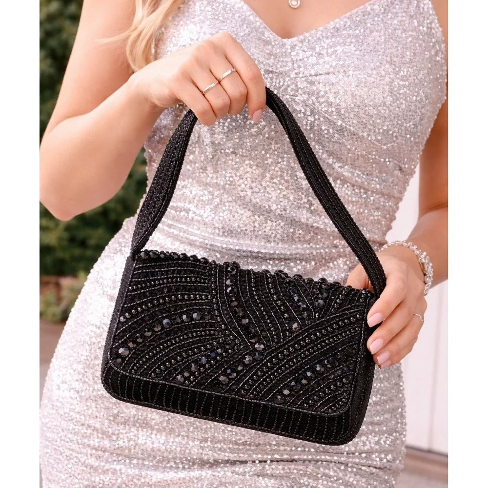 A New Day Black Beaded Rhinestone Flap Shoulder Bag Evening Clutch 94687144 NWT